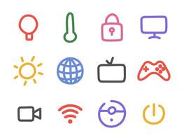 Cute hand drawn outline smart home icon set. Symbols of entertainment, regulate temperature, light, secure, clean home. Collection of network and Internet of things icons isolated on white background. vector