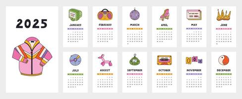 Cute calendar template for 2025 year with groovy clipart of Y2k symbols from 90s, 00s. . Calendar grid with weeks starts on Monday for kids nursery. Horizontal monthly calender layout for planning vector