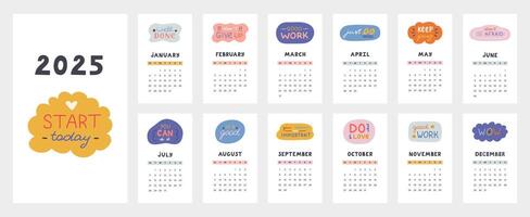 Cute calendar template for 2025 year with motivational and cheering lettering in bubbles. Calendar grid with weeks starts on Monday for kids nursery. Horizontal monthly calender layout for planning vector