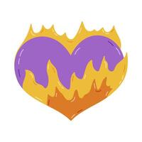 Cute cartoon heart in flame in Y2k aesthetic. Retro love symbol from 90s and 00s. Hand drawn simple heart with fire isolated on white background. Nostalgia for vintage, 1990s and 2000s vibes. vector