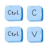 Cute cartoon blue Ctrl C and Ctrl V keyboard buttons. Copy and paste key shortcuts for PC, computer and laptop. Key combination for insert text, images. Hand drawn clipart isolated on white. vector