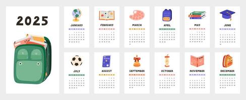 Cute calendar template for 2025 year with cartoon clipart of school supply and stationery. Calendar grid with weeks starts on Monday for kids nursery. Horizontal monthly calender layout for planning vector