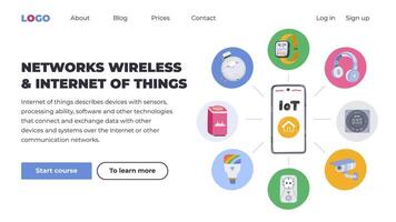 Web page design template with smart home and Internet of things concept. Cartoon illustration concept for websites, landing pages, mobile apps with smartphone controlling wireless devices. vector