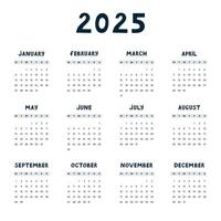 Cute minimal calendar template for 2025 year with weeks starts on Monday. Black and white calendar grid with funky font for kids nursery, corporate office, stationery. Square monthly calender layout vector