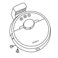Cute doodle robot vacuum cleaner with docking station, brush and buttons. Remote wireless industrial sweeper for maintenance pure home via smartphone. Technique for automation housework isolated. vector