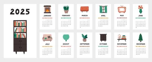 Cute calendar template for 2025 year with cozy illustrations of home interior. Calendar grid with weeks starts on Monday for nursery or office. Horizontal monthly calender layout for planning. vector