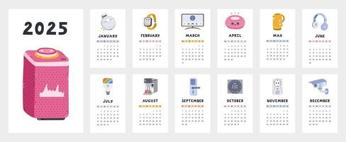 Cute calendar template for 2025 year with cartoon clipart of smart home and IoT devices. Calendar grid with weeks starts on Monday for kids nursery. Horizontal monthly calender layout for planning vector