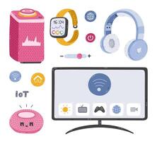 Cute cartoon set with entertainment smart devices controlling via mobile phone. Hand drawn virtual AI voice assistant, smart TV, wireless headphones. Intelligence machine to get multimedia isolated vector