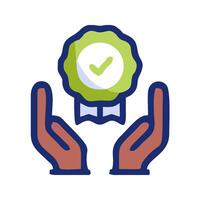 hands holding a green check mark icon vector