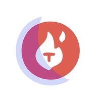 a red and purple logo with a flame in it vector