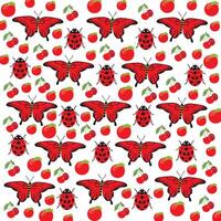 red butterfly, ladybug with apple and cherry as a pattern background vector