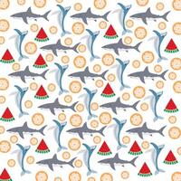 whale, shark with watermelon fruit as a pattern background vector