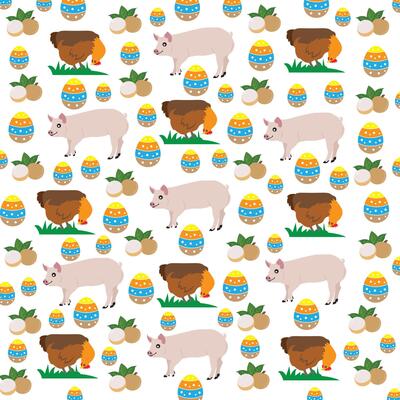 pattern chicken, pig with egg and fruit as a background