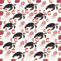 turtle, squid with fruit as a pattern background vector