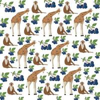 giraffe, monkey with blueberry as a pattern background vector