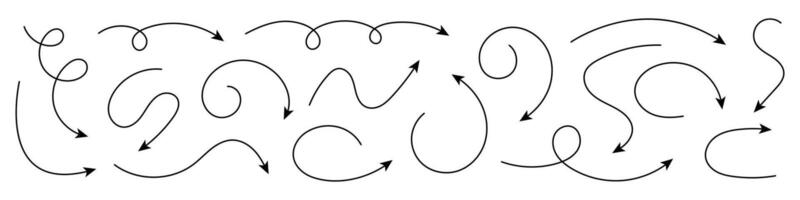 Collection of curved arrows. Set simple curved hand drawn arrows. vector