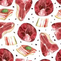 Meat on the bone, steak, lard, beef, peppercorns, all objects are hand-drawn with watercolor. Watercolor pattern. Suitable for printing on fabric, paper, for packaging goods and food products vector
