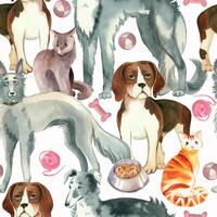 Seamless watercolor pattern. Pets, dogs, cats of different breeds, red and gray, balls, a ball of thread, bones for dogs. All objects are hand-drawn with watercolors. For printing on fabric, product vector