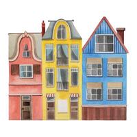 Watercolor illustration. Three multi-storey buildings, ancient architecture, all objects are hand-drawn with watercolors. Houses in yellow, blue and pink colors. For printing on fabric, paper vector