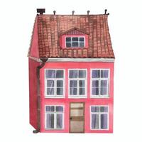 Watercolor illustration. Old two-story house, pink color with tiles, stone chimney and door. All objects are hand-drawn with watercolor. Suitable for printing on fabric, paper, for decoration, design vector