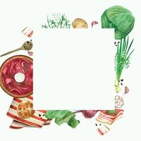 Square frame, national cuisine. Borscht with lard, garlic and pampushka, wooden spoon, cabbage, potatoes, beets, carrots. All objects are hand-drawn with watercolors. For menus, recipe design vector