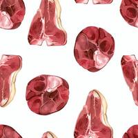 Meat on the bone, steak, beef chops, all objects are hand-drawn with watercolor. Watercolor seamless pattern. Suitable for printing on fabric, paper, for packaging goods and food products vector