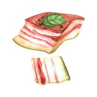 Lard, a slice of lard with pepper and bay leaf. A piece of pork meat, food. All objects are hand-drawn with watercolors. Watercolor illustration. Suitable for printing on fabric, paper, menus, recipes vector