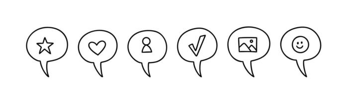 Cute line doodle social media reaction icon set. Speech bubble with heart, star, picture, check, emoticon. Follow, share, appreciate, read message, feedback, recommend symbol vector