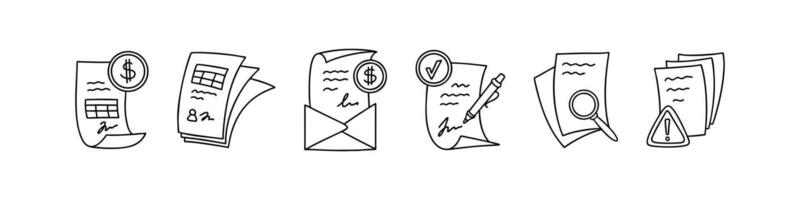 Line doodle signing contract icon set. Work and business agreement. Financial audit, research hand drawn concept. Urgent invoice and payment. Registration form vector