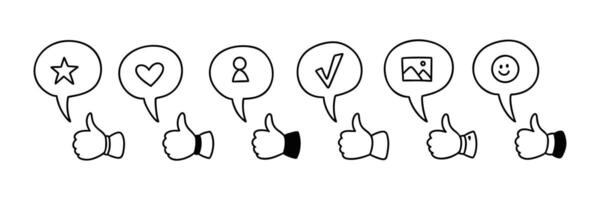 Thumb up cute line doodle icons set. Positive feedback, like, subscription, send and read message handwriting illustration. Speech bubble set vector