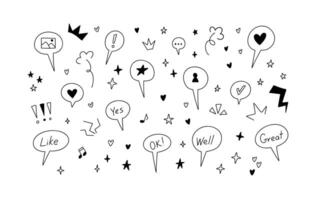 Cute line doodle icon set. Spech bubbles, exclamation mark, motion and movement expression, emphasis, highlight illustration. Crayon, pen, pencil scribble, squiggle, swooch. Grunge emo concept vector