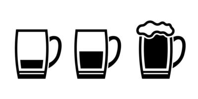 Beer in glass mug, pint alcohol with foam, black icon set. Blank, half and full beverage. Cold relax drink on holiday, in bar. Minimal simple design illustration vector