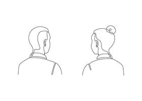 Man and woman communication back view, one line continuous drawing. Confidential talking in couple. Simple single minimalism outline style illustration vector