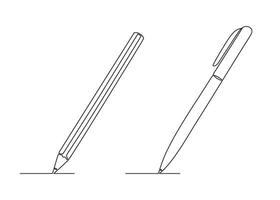 Pen and pencil write, one continuous line drawing. Writing thin stroke. Minimalism simple linear style. Study, education, business document concept. Doodle hand drawn continuous contour illustration vector