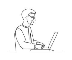 Man work on laptop, continuous one line drawing. Learning or business on computer online. Simple single minimalism outline style illustration vector
