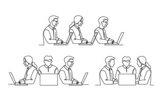 Business meeting of group office people, work on laptop set, continuous one line drawing. Teamwork, learning or business talking, partnership in work. Simple single outline style illustration vector