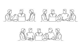 Business meeting of group office people, work on laptop set, continuous one line drawing. Teamwork, learning or business talking, partnership in work. Simple single outline style illustration vector