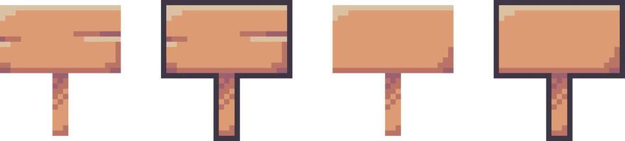 Wooden signs pixel art set. Wooden Signboards collection. 8 bit sprite. Game development, mobile app. Isolated set illustration. vector