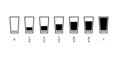 Glasses of water with different fraction measure, icon set. Simple signs different levels of water. Full, half full, empty glass illustration vector