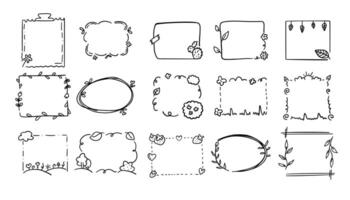 Hand drawn set of square scribbles frame. Flower and leaf frame decoration. Botanical branch, wreath, garland, border graphic design. Doodle line empty frames. illustration vector