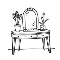 Dressing table with mirror and plants. illustration in doodle style. vector