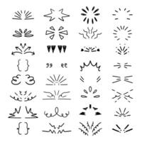 Doodle line sparkles and rays. Hand drawn explosions, sun bursts, confetti, decorative elements. Set of various doodle elements. vector