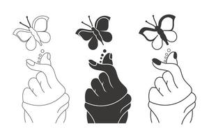 Applause hands set in doodle style. Human hands sketch with arms raised in gestures like clapping, thumbs-up and heart-finger symbols on a white vector