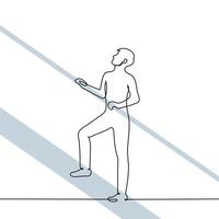 man standing on stairs holding railing with both hands and looking up throwing head back - one line art . concept going up on escalator, career growth vector