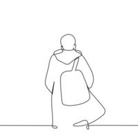 man in long coat with backpack on his back walking, back view - one line art . concept male student vector