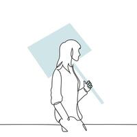 woman walking carrying banner on stick on shoulder - one line art . concept female protester returning from rally, unmotivated student carrying billboard vector