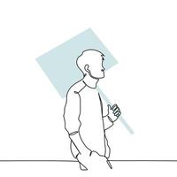man walking carrying a banner on a stick on his shoulder - one line art . concept protester returning from a rally, unmotivated student carrying a billboard vector