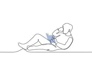 man in profile lying with a book full length - one line art . concept reading, book lover vector