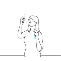 woman checking temperature with thermometer with handkerchief in hand - one line art . concept cold woman looking at result of body temperature measurement vector