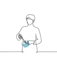 man beats with a whisk in a deep bowl - one line art . concept man cooking vector